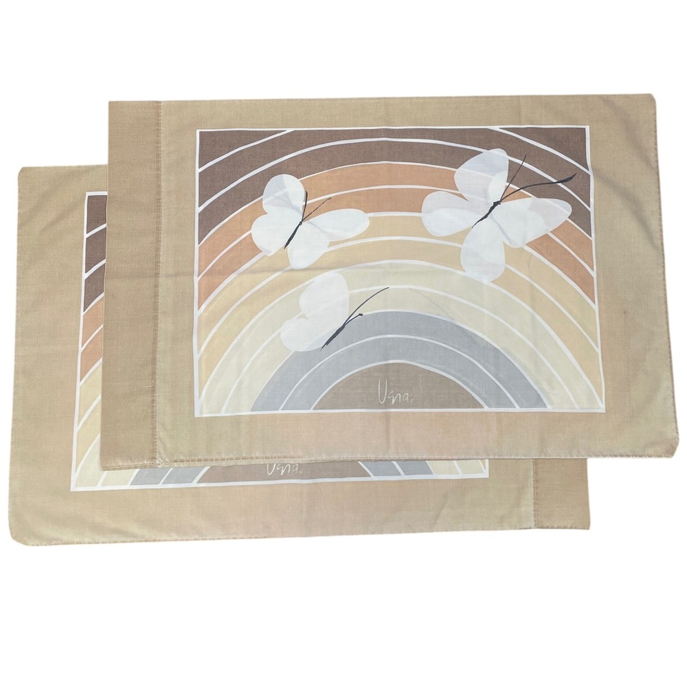 VTG 70s Vera Neumann Butterfly Rainbow Pillowcase Set 2 Standard Tan Earth Tones